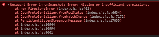 error message of firestore, notifying that there are permissions missing to read