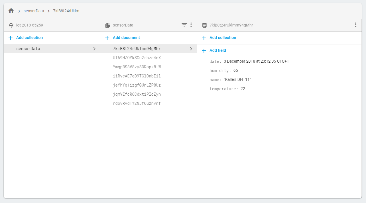 view of the firestore database content
