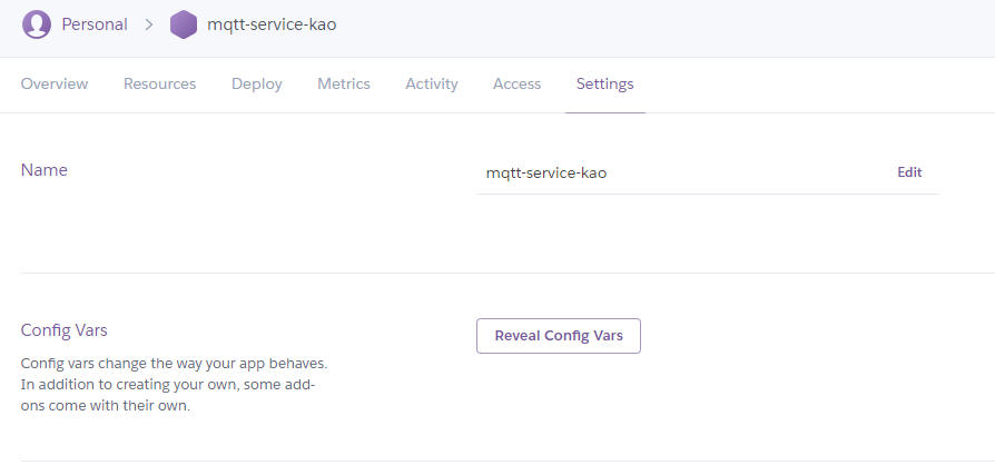 screenshot of the heroku app settings area