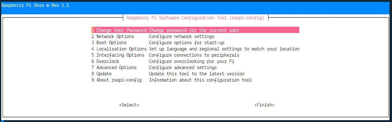 menu of raspi-config